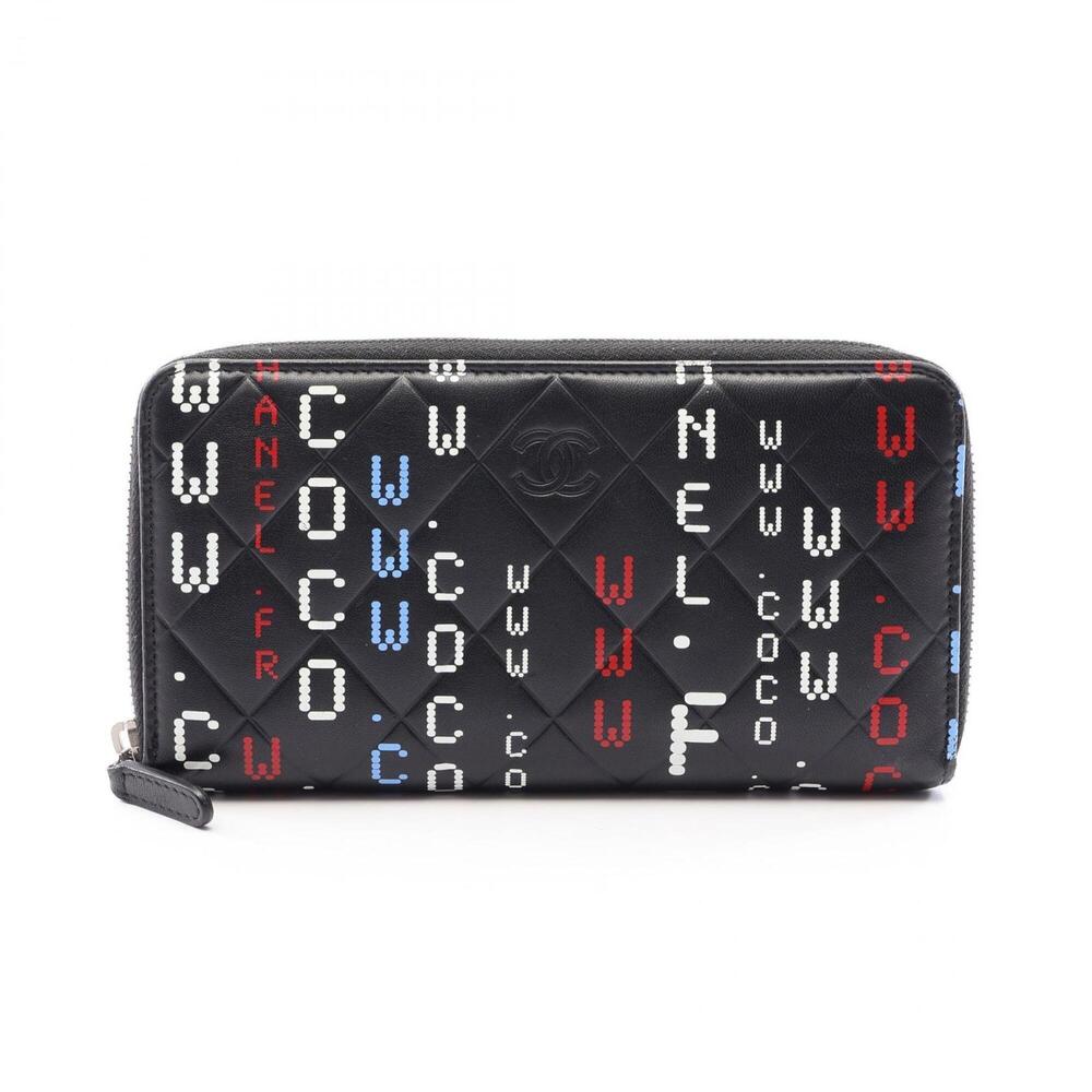 Chanel Typography Matelassé Round Long Wallet, Lambskin Leather, Women's, Bla...